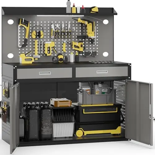 65" Heavy Duty Workbench with Drawers and Lockable Storage Cabinet- 2500 LBS Capacity Work Bench with Pegboard,Work Table with Adjustable LED Light for Garage,Workshop and Repair Shop