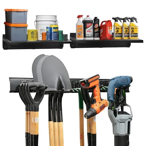 Heavy-Duty Garage Wall Storage System | Wall Mounted Tool Organizer Rack with Shelving | 10-Piece Mounting Kit | Includes 4x8.5” Adjustable Hooks & 2x16.5” Floating Utility Shelves