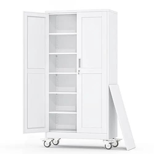 RISTERN Metal Garage Storage Cabinets and storage system, 74”Tall Rolling utility cabinet with Wheels, Lock, 5 Adjustable Shelves, Heavy Duty Steel Tool Locker for Home Office, Utility Room, Gym,White