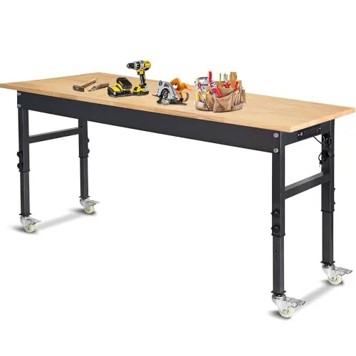 60" Adjustable Work Bench, Rubber Wood Top Workbench Heavy-Duty Work Table with Power Outlet and Wheels, 2000 LBS Load Capacity Hardwood Work Benches for Garage, Workshop, Home, Office, Easy Assembly