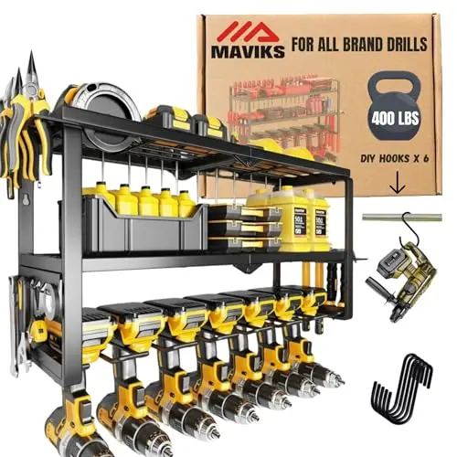 Pegboard power tool organizer with shelves and hooks