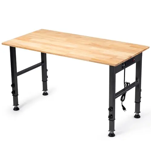 48" Height Adjustable Workbench, 2000 LBS Load Capacity Rubber Wood Top Workstation with Power Outlet and Foot Pads, Heavy-Duty Hardwood Worktable for Garage Workshop (with Foot Pads and Socket,48'')