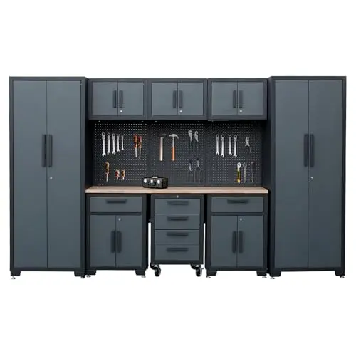 Tsnritor Garage Storage Cabinet System, 9-Pcs Garage Cabinets and Storage System Corner Workshop Set with Corner Cabinet, Cabinet Drawers, Workbench, Pegboard for Tool Organization, Black and Grey