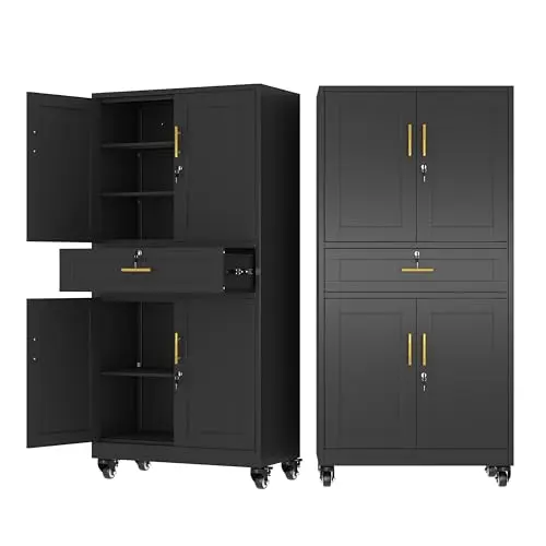 Ckzbx Metal Garage Storage Cabinet with Locking Drawers and Adjustable Shelves,71" H Steel File Cabinet with Wheels for Garage,Office (Black)