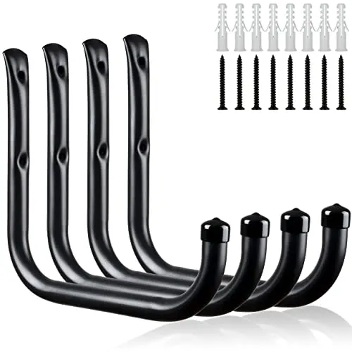 KURUI Wall Hooks for Garage Garden, 4 Pack Water Hose Holder, Large Garage Storage Hanger for Ladder Bike Extension Cord Tool, Wall Mount l Hooks, Black Heavy Duty 8 inch Long Hook