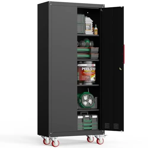 Kelueo 71" H Garage Storage Cabinet with Wheels,Metal Cabinets with 4 Adjustable Shelves and 2 Locking Doors for Garage,Home,Office,Shop,Black