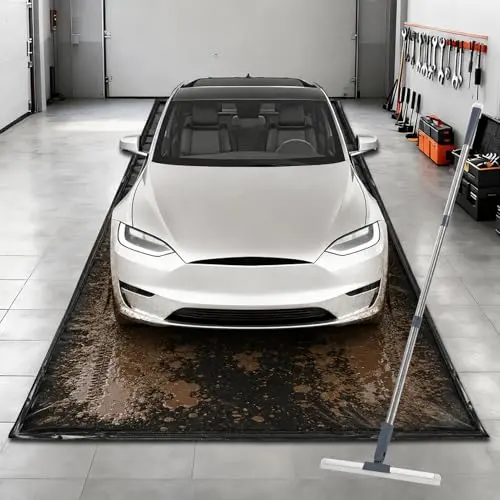 UEAKPIC Garage Floor Mat 7'9" x 18', Heavy Duty 1300D PVC Containment Mat with Floor Squeegee, Waterproof Protection from Snow, Rain and Mud for Cars, Black