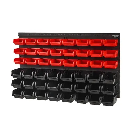 Wall-mounted small parts organizer bins for screws, nuts, and bolts