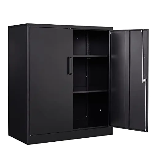 Yizosh Metal Garage Storage Cabinet with 2 Doors and 2 Adjustable Shelves - 35.5" Steel Lockable File Counter Cabinet for Home Office,Garage,Gym,School（Black）