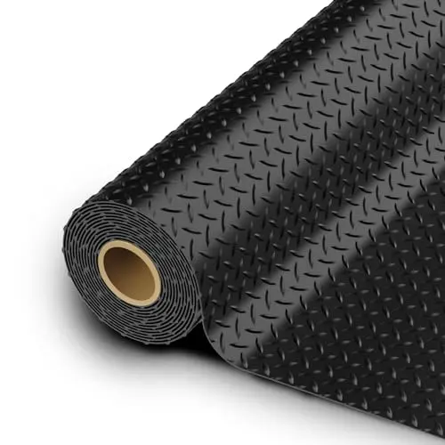 StellarStar 10x20 FT Garage Floor Mat, 2.8mm Thickened PVC Flooring Roll for Under Car, 200 SQFT Diamond Plate Black Garage Mats for Garage, Warehouse, Basement, Factory, Trailer (Include Tapes)