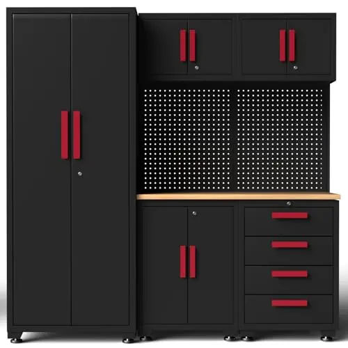 Tsnritor Garage Storage Cabinet System, 6-Pcs Garage Cabinets and Storage System Corner Workshop Set with Corner Cabinet, Cabinet Drawers, Workbench, Pegboard for Tool Organization, Black and Red