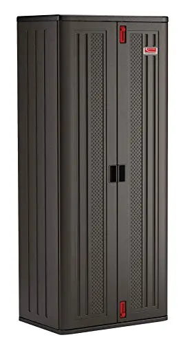 Suncast 19 Cubic Ft. Heavy-Duty Resin Cabinet with Lockable Handles, Multi-Wall Construction, and Metal-Reinforced Shelves for Basement, Utility Room and Garage Storage, Black, Made in the USA
