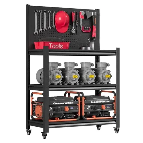 48" H Metal Garage Workbench with Pegboard,3-Tier Roling Tool Work Bench,Adjustable Heavy Duty Work Table on Wheels,Black Mobile Workstation for Garage Warehouse Workshop,Screwless Design
