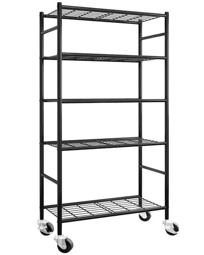 Sakugi Storage Shelves Organizer - 5 Tier Metal Shelf Organizer with Metal Wheels and Adjustable Leveling Feet, Heavy Duty Garage Shelving for Kitchen, Pantry and Closet, 33.1"x12.6"x73.5", Black