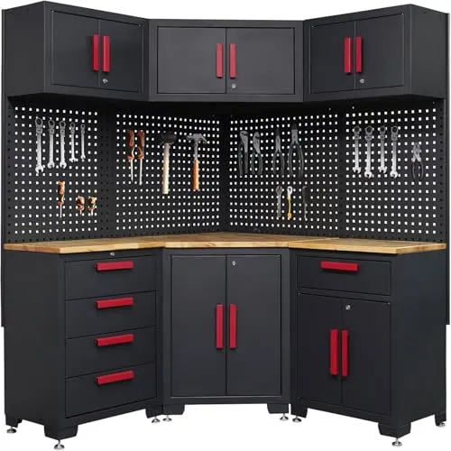 Tsnritor Corner Workshop Set,10Pcs Garage Cabinets and Storage System with Corner Cabinet, Cabinet Drawers, Workbench, Pegboard for Tool Organization, Red Handle