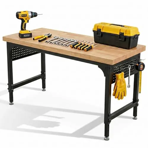 60" Adjustable Heavy Duty Workbench, 2300 LBS Load Capacity Hardwood Work Table with Pegboard, Power Outlets, USB & Type-C Ports, Work Bench for Garage, Office, Workshop, Home, Workstation