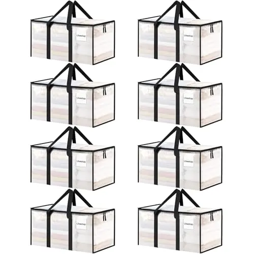 8 Pack Extra Large Heavy Duty Moving Bags, Clear Storage Bins with Lids, Reinforced Handles & Heavy-Duty Zippers Moving Boxes Storage Bags Totes for Clothes Packing, Dorms, College Supplies, Clear