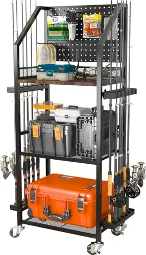 SOYEEZE Fishing Rod Holders for Garage, Fishing Pole Holders Up to 12 Rods with Pegboard and Hooks,Rolling Fishing Cart with Wheels, Fishing Gear Storage For Tackle Box & Reel Organization