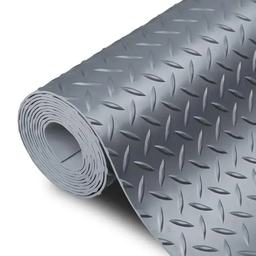 SEAL 4 x 8 FT Premium Garage Floor Mat, Solid 2.8mm Thick Lay-Flat Gray Commercial Grade Heavy Duty Parking Mat for Golf Cart, Workbench, ATV, Water/Stain Resistant Runner (Embossed Diamond Plate)