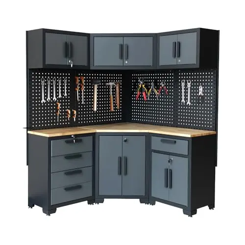 HPDMC Corner Workshop Set - Garage Cabinets and Storage System with Corner Cabinet, Cabinet Drawers, Workbench, Pegboard for Tool Organization - Black and Grey
