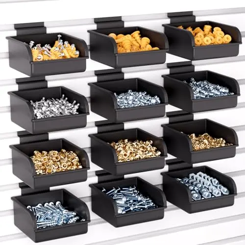 INCLY 12 Pack Slatwall Bins with Hooks, Plastic Slatwall Accessories Containers Bins for Slat Wall Panels Organizing Hardware, Garage, Craft Room, Kitchen, Tool Shed, Workbench