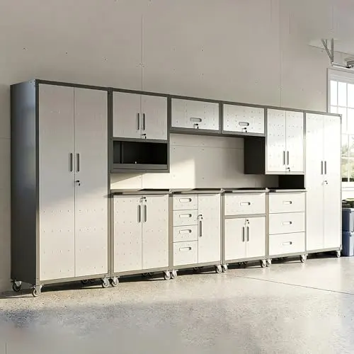 VIYET 10-Piece Heavy Duty Steel Garage Cabinet System | All-in-One Modular Garage Cabinet Set for Ultimate Workshop Organization | Easy Assembly Garage Storage Cabinets & Tool Bench