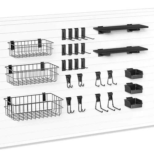 janasse 35-Piece Metal Slatwall Accessories Set for Garage Storage, Includes Wire Baskets, Heavy-Duty Hooks, Shelves & Bins, Fits Standard Slatwall Panels