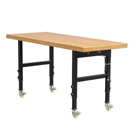 60” Heavy-Duty Solid Wood Work Bench Work Table with Wheels, Adjustable Height Portable Workbench with Power Outlets, 3000 Lbs Capacity Workstation for Garage, Workshop
