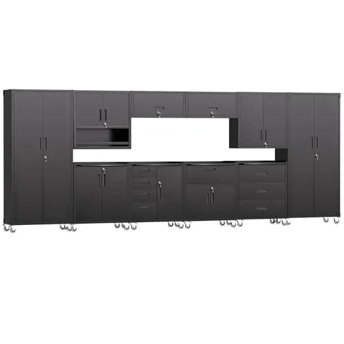 FLIXELIO Garage Storage Cabinets System 10PCS Workshop Set with Drawers Locking Heavy Duty Rolling Cart with Adjustable Shelves Garage Tool Workbench Cabinets, Black