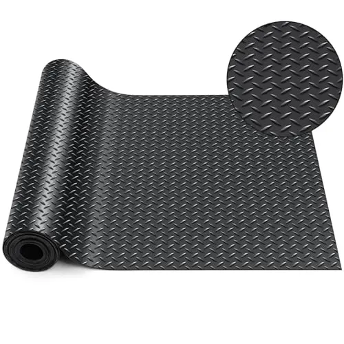 Breling 16 in x 20 ft Rubber Diamond Plate Rolls Garage Floor Mat for Under Car, Heavy Duty Flooring Rug for Trailers Garage, PVC Water/Stain Outside Stall Resistant Parking Rv Tool(Black)