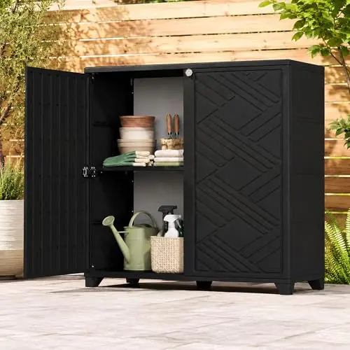ADDOK Outdoor Storage Cabinet, 60 Gallon Waterproof Resin Patio Storage Cabinet with 1 Adjustable Metal Shelf and Double Doors, Weather-Resistant Organizer for Garden Tools, Pool Supplies and Toys