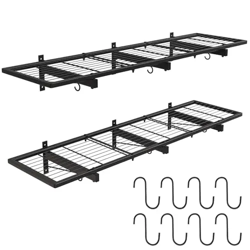 2 Pack Garage Wall Shelves, 46"X 12.5" Garage Shelving Wall Mounted, Heavy Duty Shelf Organizer with 8 Hooks, Black Floating Storage Metal Rack 320 LBS Capacity for Laundry Room, Office, Basement