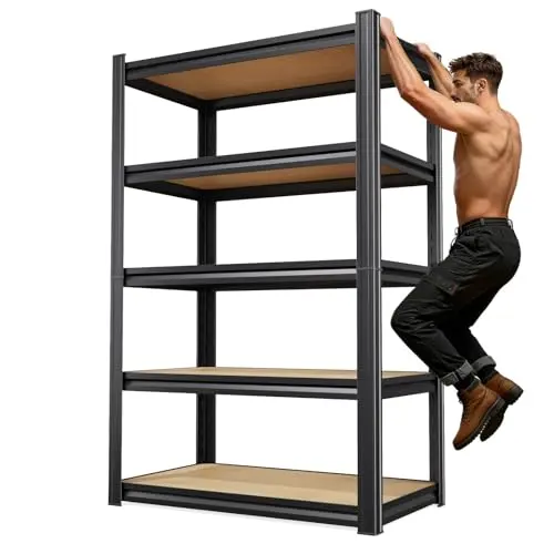 KORVENA 71.2''H Storage Shelves, 2500lbs Garage Shelving,Adjustable Heavy Duty Shelving Unit,5T Tall Garage Shelves,Wood Metal Standing Shelf Units,Utility Rack for Kitchen 71.2''H*31.5''W*13.8''D