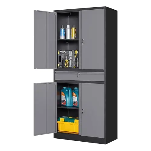 Yizosh Metal Garage Storage Cabinet with Locking Doors and Adjustable Shelves, 71" Steel Tool Storage Cabinet with 1 Drawer for Garage,Office,Warehouse (Gray Black)