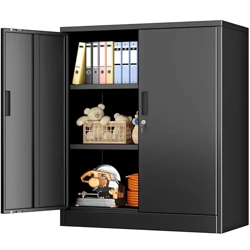 BESFUR Metal Storage Cabinet, Garage Storage Cabinet with 2 Adjustable Shelves, Locking Short Storage Cabinet for Office Garage Home, Black Metal Cabinets (36" H x 31.5" W x 16" D)