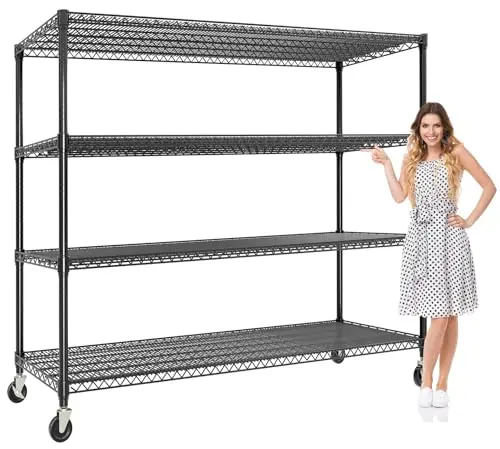 4-Tiers Storage Shelves 73" H Heavy Duty Metal Shelving with Wheels, 2640LBS Load Wire Shelving Rack Garage Shelves for Pantry Kitchen Industrial Warehouse Office, 59" W x 23.9" D