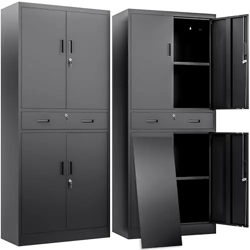 BESFUR Metal Storage Cabinet with a Drawer 4 Doors and 2 Adjustable Shelves Garage Storage Cabinet with Lock 71" Office Storage Cabinets Locking Cabinets for Garage Office Shop Home (Black)
