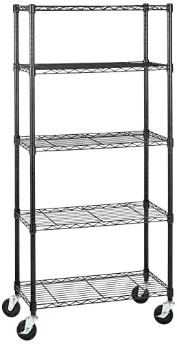 Amazon Basics 5-Shelf Heavy Duty Garage Shelving Storage Rack with 4" Wheel Casters, Adjustable Metal Wire Organizer, 300 lbs Per Shelf, 30" x 14" x 64.75", Black