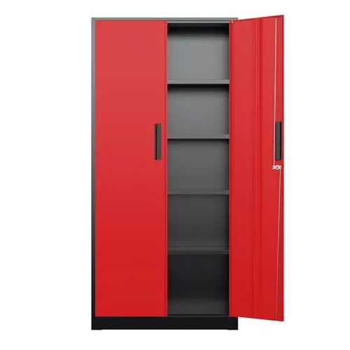 Bonusall 72" Metal Garage Storage Cabinet - 900lbs Heavy Duty Steel Cabinet with 3-Point Locking System & 4 Adjustable Shelves, Lockable Tall Storage for Garage, Office, Warehouse - Black & Red