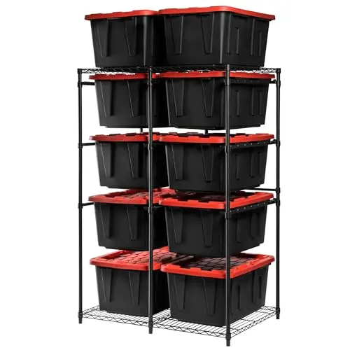 CleverMade Double Tote Tower 10-Bin Organizer Rack for 27 Gallon Storage Totes, Heavy-Duty Garage Storage Shelving Unit, Vertical Bin Rack for Pantry, Laundry Room & Shed, Black