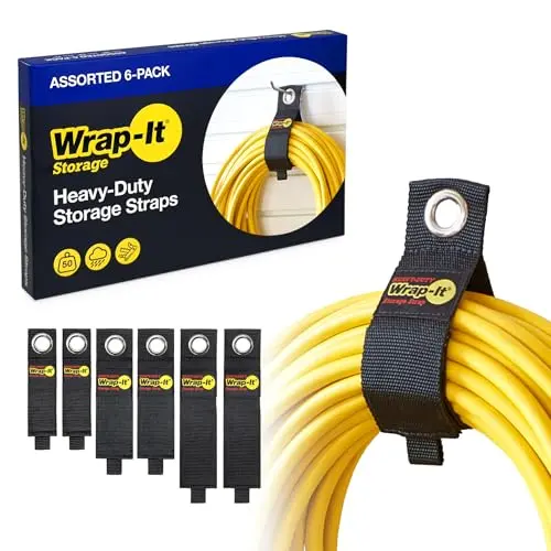 Heavy-Duty Wrap-It Storage Straps - Assorted 6-Pack - Garage Storage Extension Cord Organizer Cable Straps and Yard Cord Storage for Hose Organizer, Tools and RV Accessories