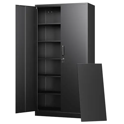 Letaya Metal Storage Cabinets with Lock Doors,Tall Locker Organizer Steel Garage Cabinets, 5 Adjustable Layers Shelves for Home, Office, Warehouse,Tool,Industrial(Black)
