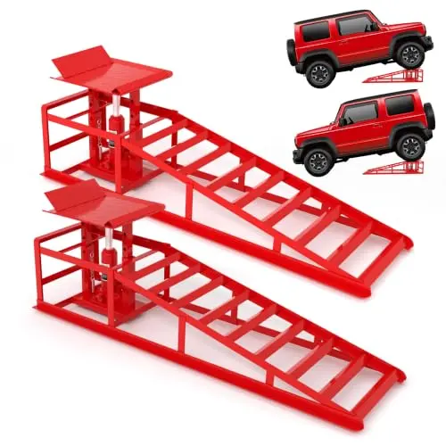 LOCKIETTA 2 PCS Hydraulic Car Ramps 11065LBS 5T Heavy Duty Car Ramp with Hydraulic Jack, Red
