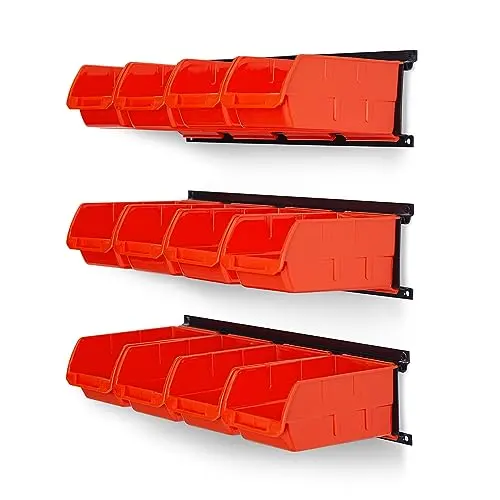 Ultrawall Wall Mounted Storage Bins, Plastic Hanging Storage Organizer Bins, Garage Tool Storage System for Screws, Nuts, Bolts, Nails, and Small Hardware Parts, 12x bins & 3 x rails, Orange