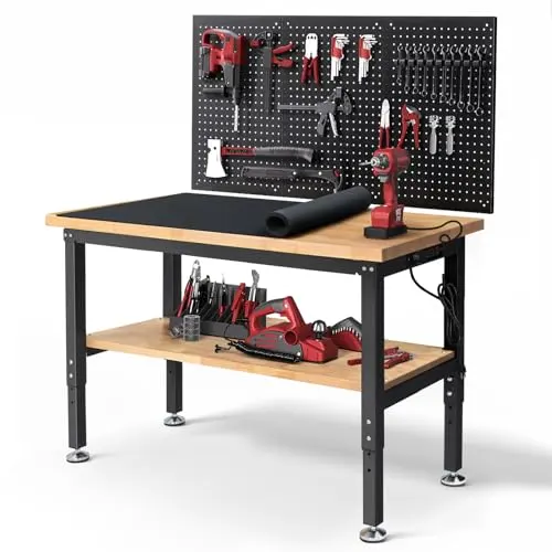 ENJOYWOOD 48 Inch Work Table for Garage Adjustable Height Rubber Wood Tabletop Workbench with Storage Work Bench Table with Power Outlets Pegboard Pad for Woodworking Shop Home Office