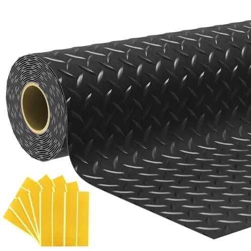 7.5x25 FT Garage Floor Mat, 2.8mm Thickened Flooring Roll Under Car Mat with 20Pcs Tapes, Diamond Plate, Non-Slip Floor Protector Mat for Trailer, Garage, Warehouse, Gyms, Trailer, Matte Black