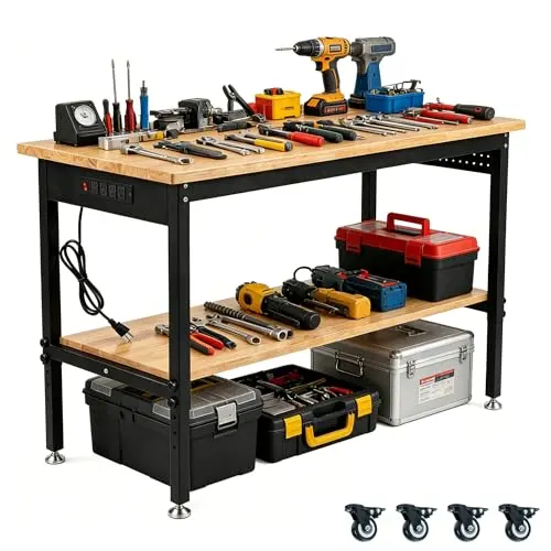 48/60/70 Inch Adjustable Workbench with Power Outlet Heavy Duty 2500 LBS Load Capacity Hardwood Work Table for Garage 6 Level Height Adjustable Workshop Bench with Wheels (60"x24"Double-Layer)
