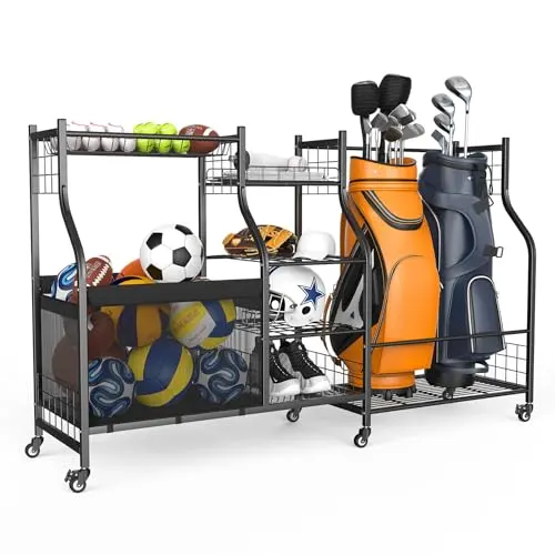 WALMANN Golf Bag Storage Rack with Wheels, Rolling Sports Equipment Organizer, Large Capacity Garage Storage Cart for Balls, Golf Bags