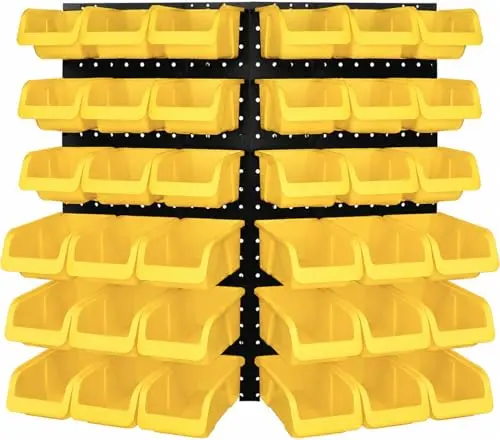 WALLPEG 36 Pack Pegboard Bin Kit – 18 Medium & 18 Large Yellow Peg Board Storage Bins | Parts Organizer for Garage, Workshop, Craft Room, Office & Workbench | Pegboard Accessory Organier | MADE IN USA