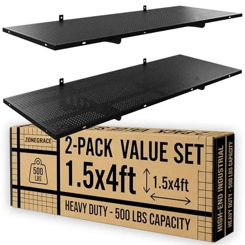 ZONEGRACE 2-Pack 1.5x4ft Garage Shelving Wall Mounted, 500 Lbs Heavy Duty Wall Shelves, Flat Metal Shelf Wall Mount For Garage Storage Wall With Complete Install Kit & Hooks, Black